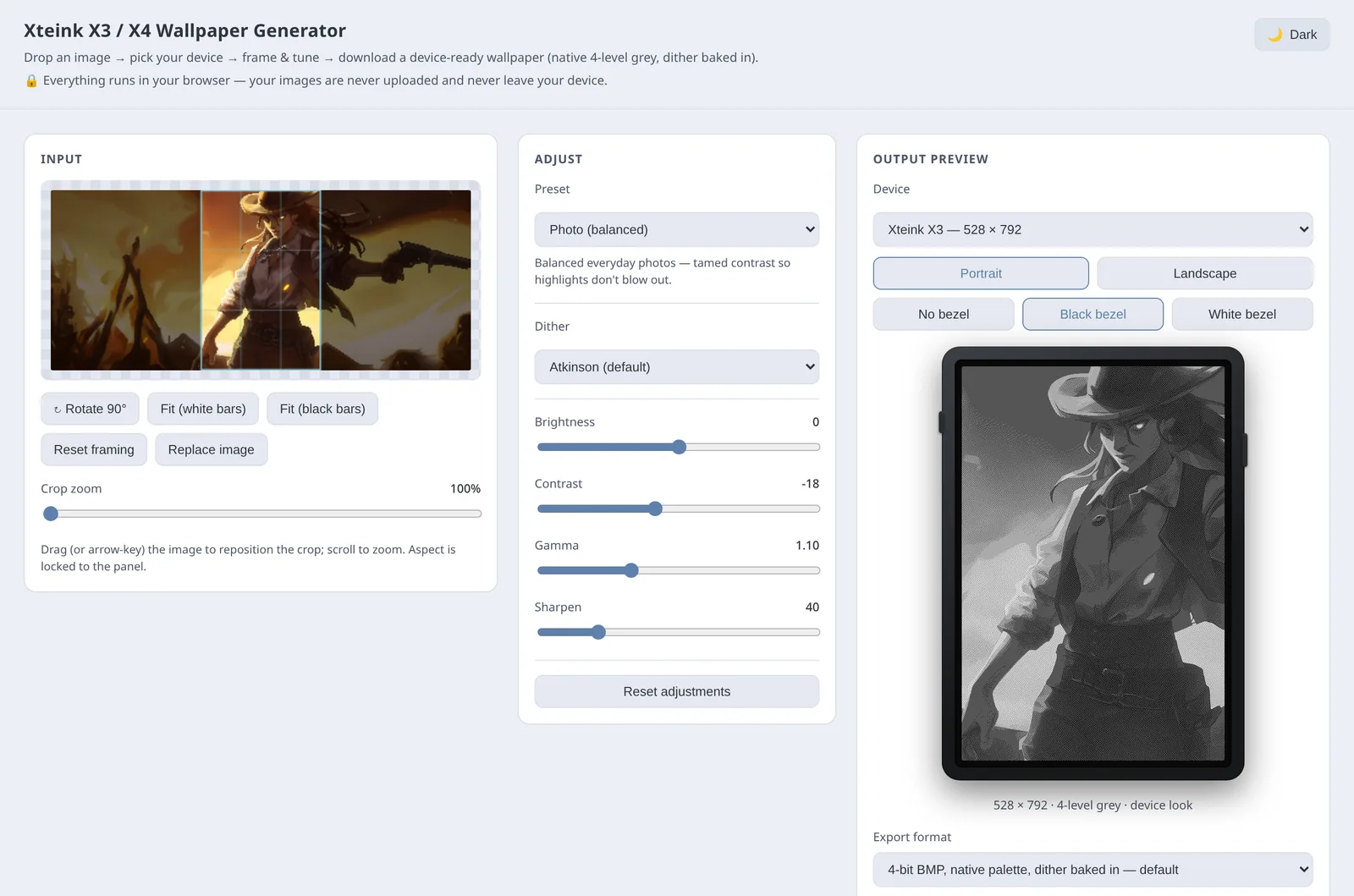 The Xteink Wallpaper Generator app in light theme, framing and tuning a portrait photo with a live e-reader preview.