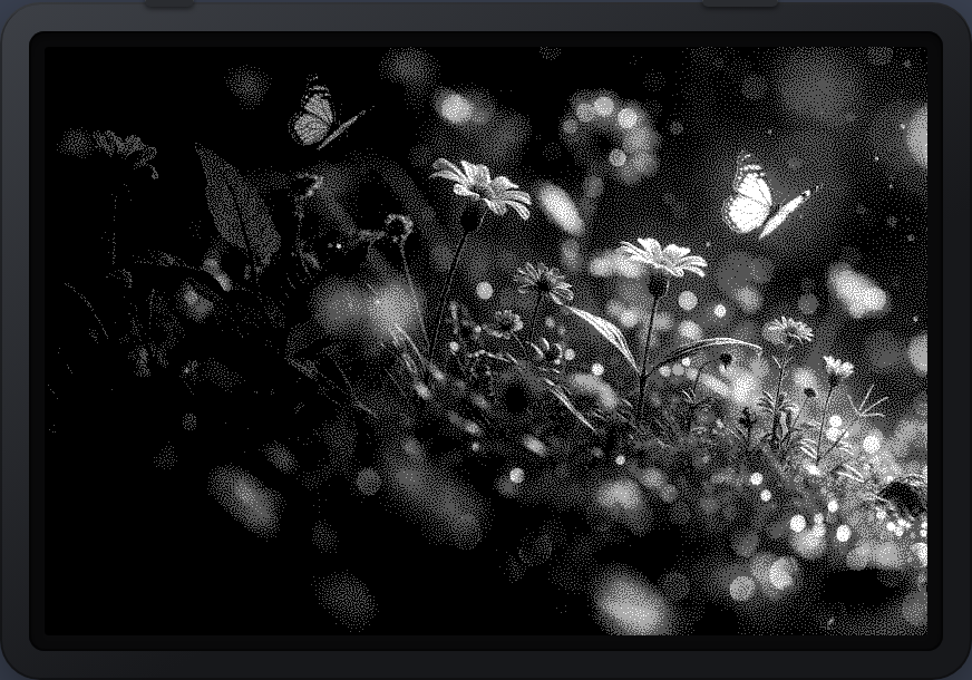 Xteink e-reader showing a dithered picture wallpaper.