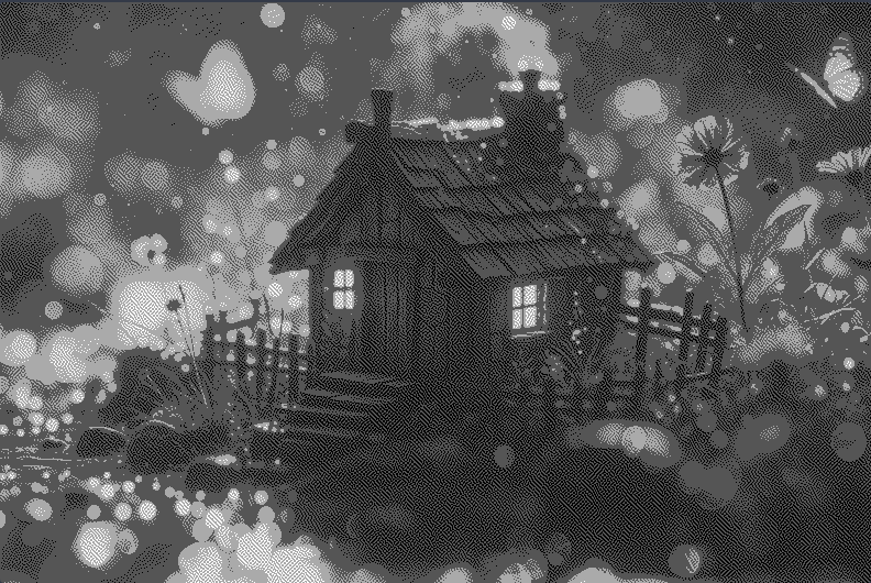 The same photo with Atkinson dithering — smooth, detailed grey texture.