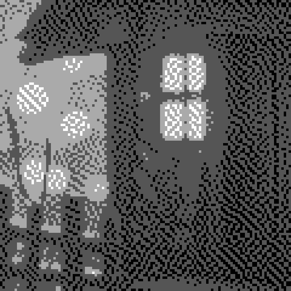 Extreme close-up of the dithered output showing individual dots across four grey levels.